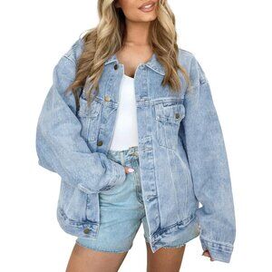 Women's Oversized Jeans Jacket Classic Button Down Denim Jacket Light Blue
